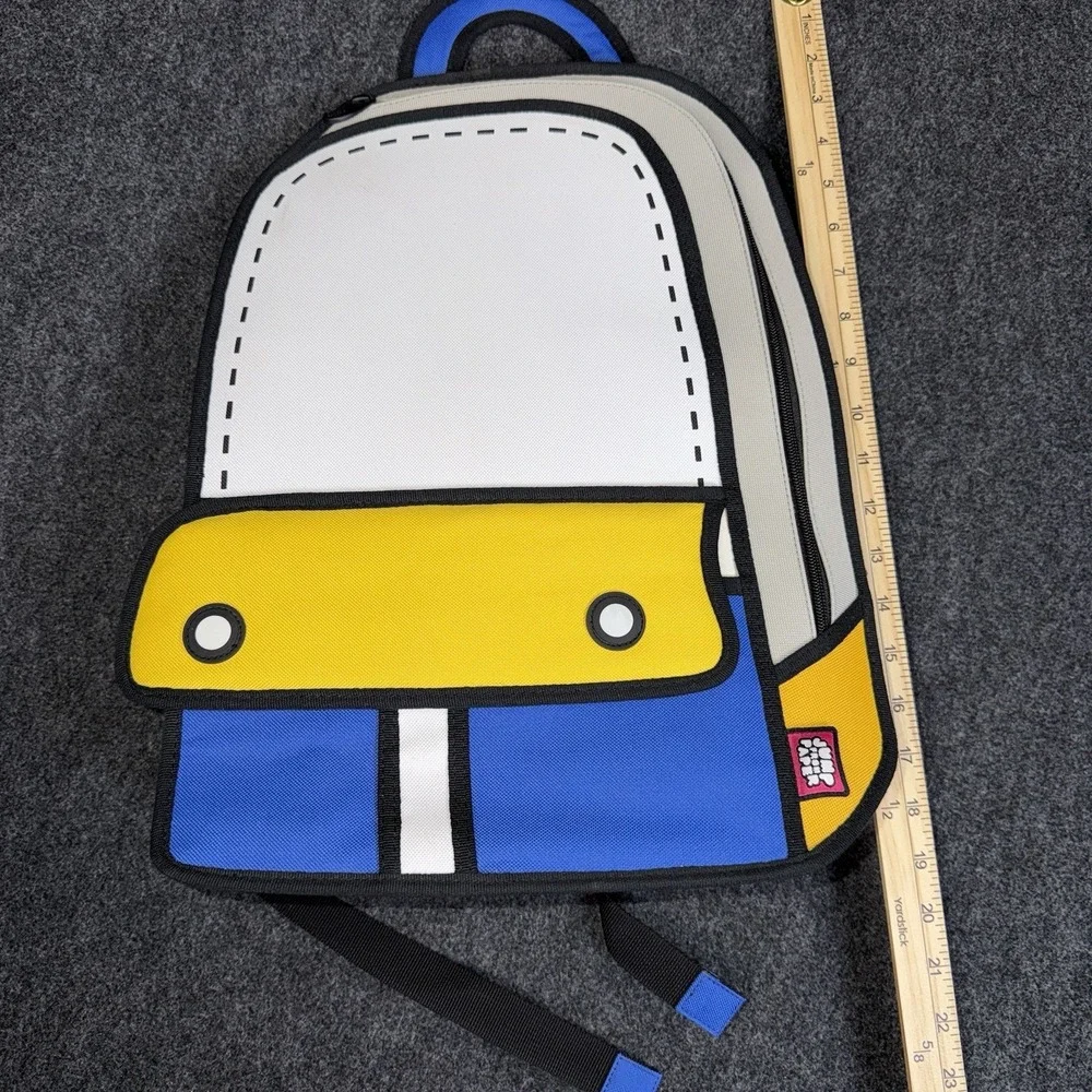 JumpFromPaper 2D Cartoon Backpack Blue‎ Yellow White Comic Optical Illusion Bag